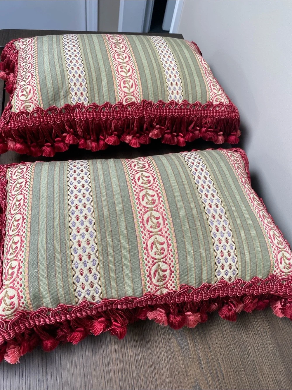 Custom Striped Down Accent Pillows in Sage Green and Burgundy red tassel